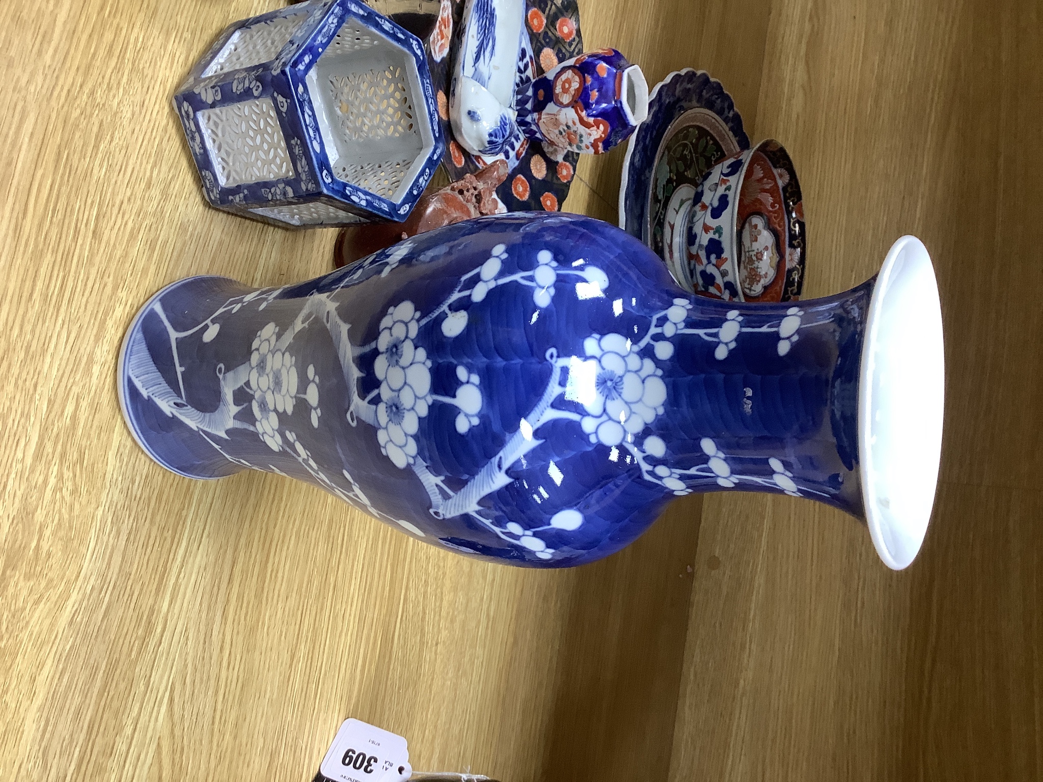 An early 20th century Chinese blue and white prunus vase, group of Chinese, Japanese porcelain Rex Hotel tureens, soapstone wine pot etc